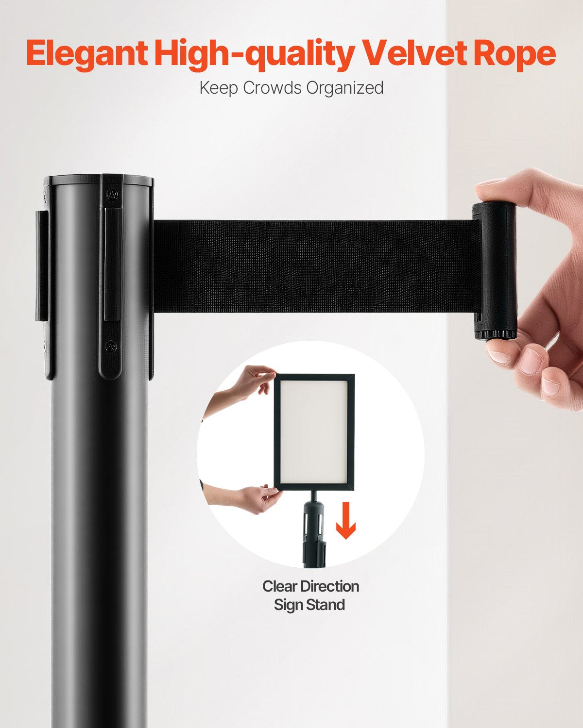 Stanchion Post, 8 Pcs Crowd Control Barrier with 8 Retractable Belts & 2 Sign Holders, Carbon Steel Stanchion Post Queue with Sand Injection Hollow Base for Theater, Party, Wedding, Exhibition