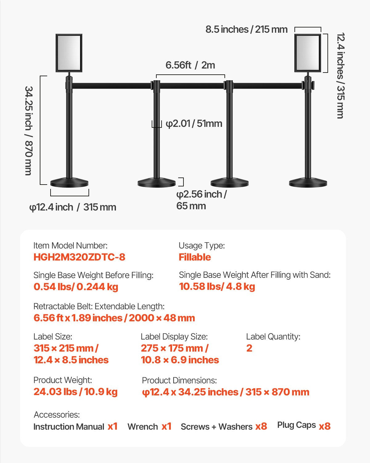 Stanchion Post, 8 Pcs Crowd Control Barrier with 8 Retractable Belts & 2 Sign Holders, Carbon Steel Stanchion Post Queue with Sand Injection Hollow Base for Theater, Party, Wedding, Exhibition