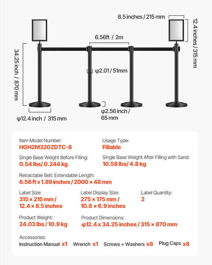 Stanchion Post, 8 Pcs Crowd Control Barrier with 8 Retractable Belts & 2 Sign Holders, Carbon Steel Stanchion Post Queue with Sand Injection Hollow Base for Theater, Party, Wedding, Exhibition