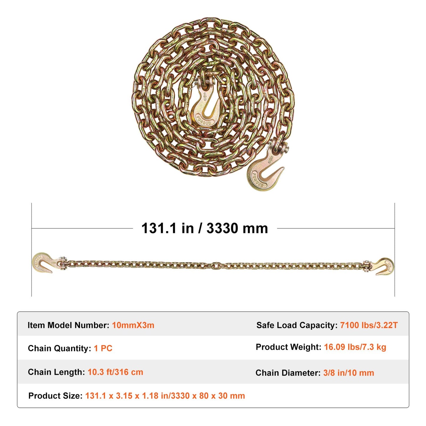 G80 Transport-Zurrkette, 3/8" x 10,3' Abschleppkette mit Schäkelhaken, 7100 lbs sichere Arbeitslast, Hochleistungs-Anhängerkette für den Transport von Abschleppwagen-Zurrausrüstung