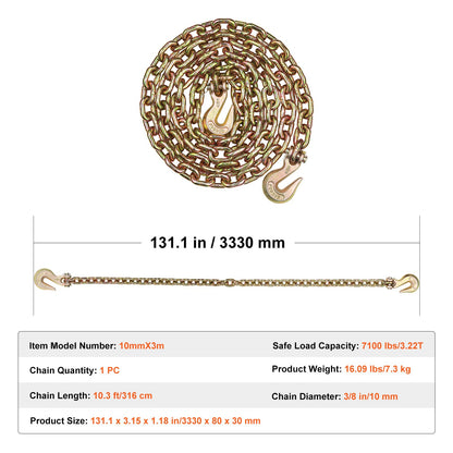 G80 Transport-Zurrkette, 3/8" x 10,3' Abschleppkette mit Schäkelhaken, 7100 lbs sichere Arbeitslast, Hochleistungs-Anhängerkette für den Transport von Abschleppwagen-Zurrausrüstung