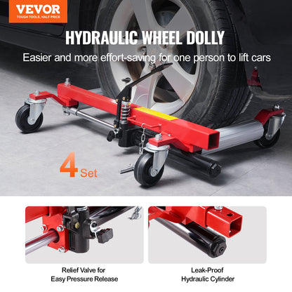 Wheel Dolly, Max Capacity 1500 Lbs Car Dolly, Car Jack Dolly Lifter with 360° Rotatable Wheels, Heavy Duty Vehicle Positioning Hydraulic Tire Jack, for Vehicle Car Auto Repair Moving, Set of 4