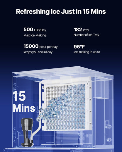 Commercial Ice Maker, 500 Lbs/Day Ice Maker Machine, 180 Lbs Large Ice Storage Bin with 20 Lbs/Min Automatic Ice Dispensing, Self-Cleaning Ice Machine with Touchscreen for Bar, Cafe, Restaurant