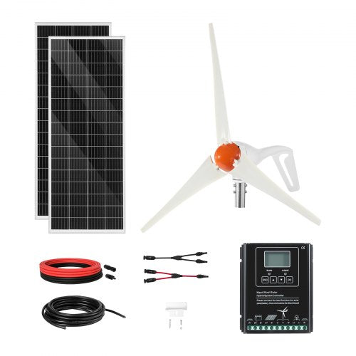 12V 400W Solar-Windkraft-Set, 2 x 100W monokristalline Solarmodule + 200W Windturbine + MPPT-Wind-/Solar-Hybrid-Systemregler für Haus, Wohnmobil, Boot, Camping und netzunabhängige Anwendungen