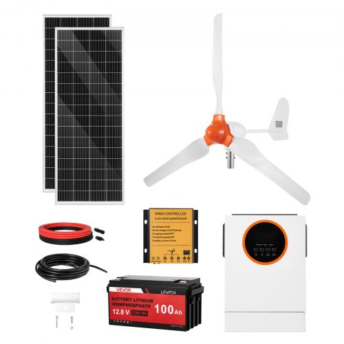 12V 600W Solar-Windkraft-Set, 2 x 100W monokristalline Solarmodule + 400W Windturbine &amp; Regler + 12,8V 100Ah LiFePO4-Batterie + 1000W Hybrid-Solarwechselrichter für Haus, Wohnmobil, Boot, Camping und netzunabhängige Systeme