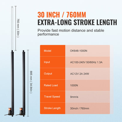 2PCS 12V Linear Actuator Kit 760 mm 9 mm/s 99.79 kg/1000N IP54 Protection