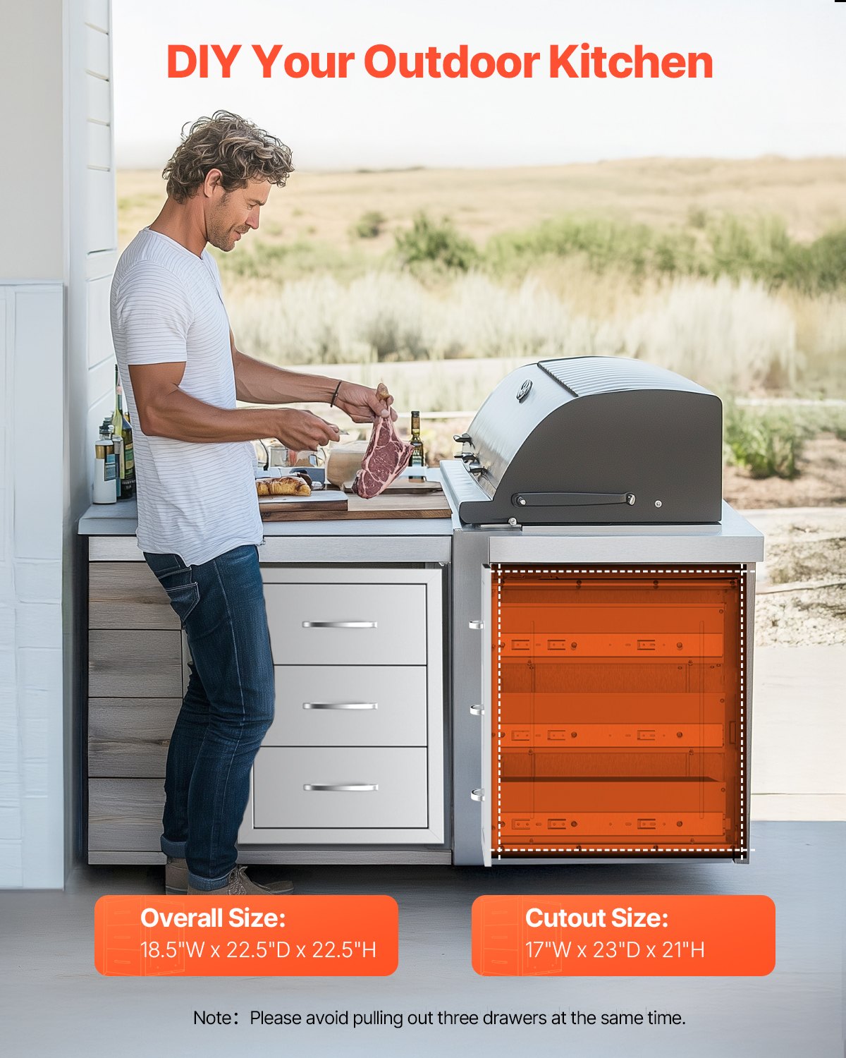 Outdoor Kitchen Drawers, 18.5"W x 22.5"H x 22.5"D Triple Access Drawers, Stainless Steel Flush Mount Cabinets, BBQ Island Drawers Storage with Handle, for Outdoor Kitchens or Patio Grill Station