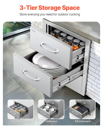 Outdoor Kitchen Drawers, 18.5"W x 22.5"H x 22.5"D Triple Access Drawers, Stainless Steel Flush Mount Cabinets, BBQ Island Drawers Storage with Handle, for Outdoor Kitchens or Patio Grill Station