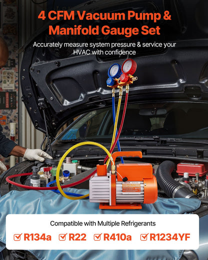 115 L/min AC Vacuum Pump and Gauge Set, Single Stage, Rotary Vane HVAC Air Vacuum Pump, A/C Refrigerant Manifold Gauge Kit, with Leak Detector, Carry Bag, for R134a R22 R410a R1234YF Refrigerant