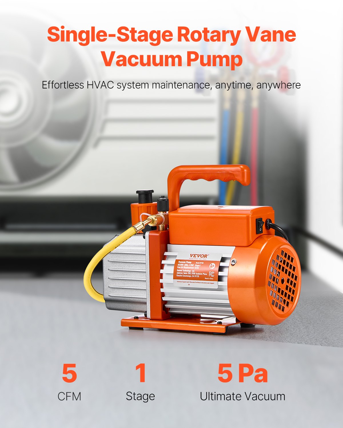 Vacuum Pump, 300 L/min(5 CFM), HVAC Single Stage Rotary Vane Vacuum Pump, for R134a R22 R410a Systems, Auto AC Vacuum Pump Kit with Oil Bottle, for Automotive Air Conditioner Maintenance Resin Degassing