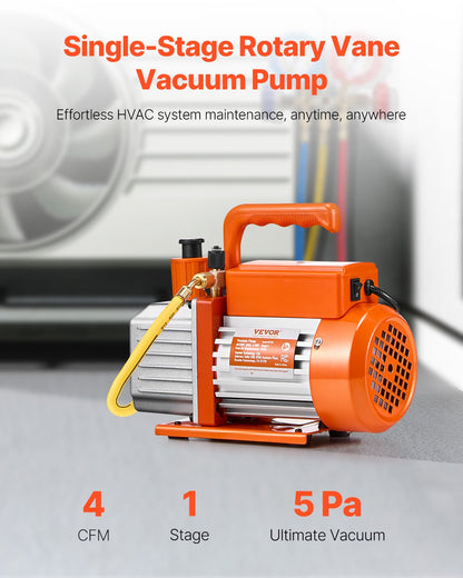 Vacuum Pump, 233 L/min(4 CFM), HVAC Single Stage Rotary Vane Vacuum Pump, for R134a R22 R410a Systems, Auto AC Vacuum Pump Kit with Oil Bottle, for Automotive Air Conditioner Maintenance Resin Degassing