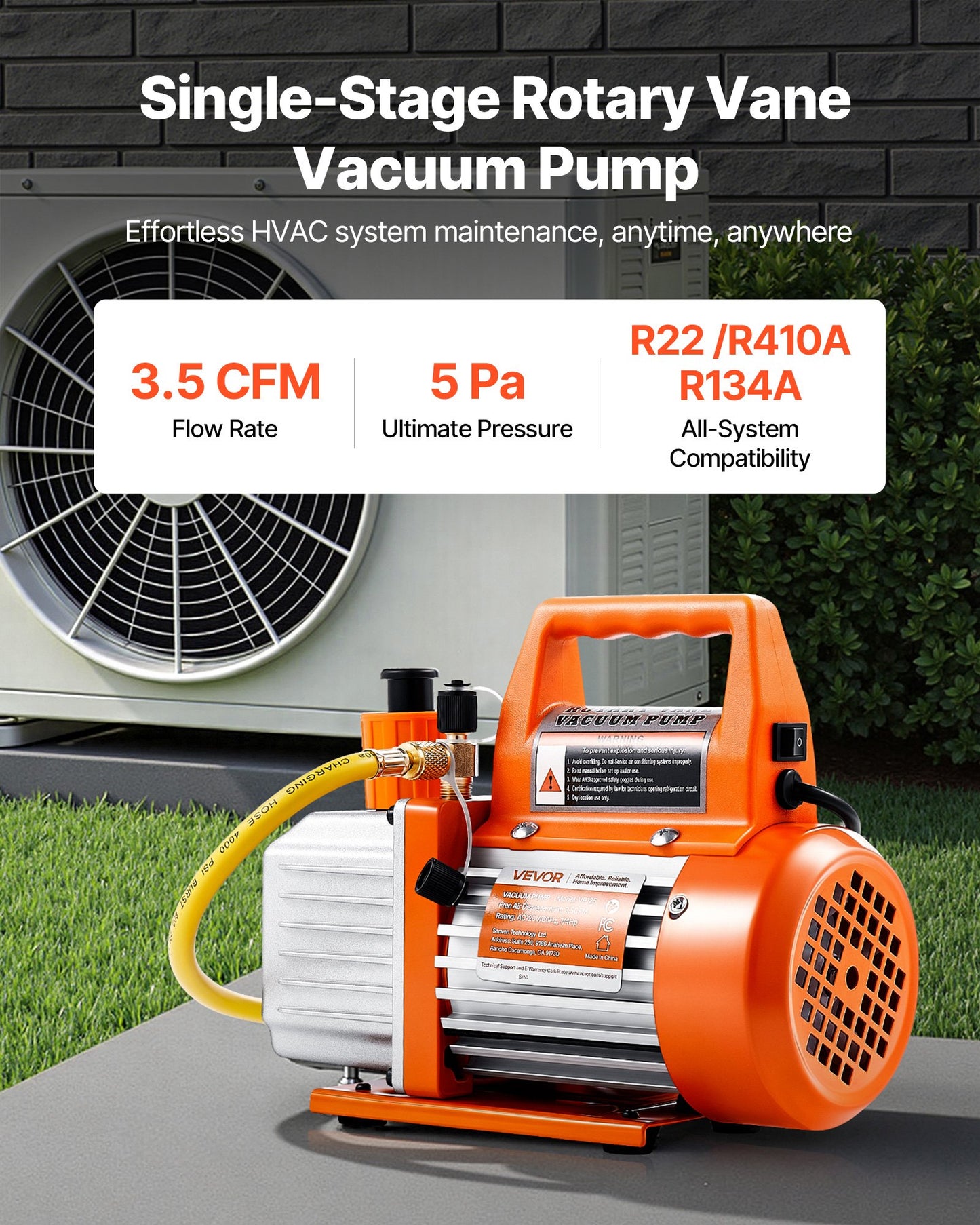 Vacuum Pump, 100 L/min, HVAC Single Stage Rotary Vane AC Vacuum Pump, for R134a R22 R410a Systems, with Oil Bottle, 4 Pole Motor, 5 Pa, for Automotive Air Conditioner Maintenance Resin Degassing
