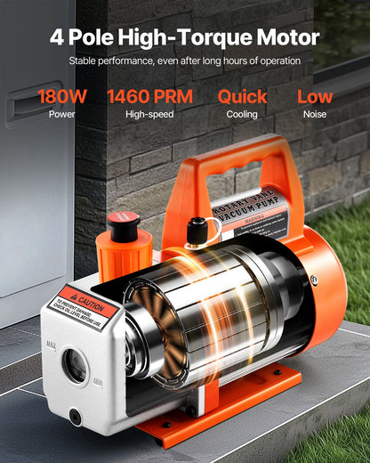 Vacuum Pump, 100 L/min, HVAC Single Stage Rotary Vane AC Vacuum Pump, for R134a R22 R410a Systems, with Oil Bottle, 4 Pole Motor, 5 Pa, for Automotive Air Conditioner Maintenance Resin Degassing