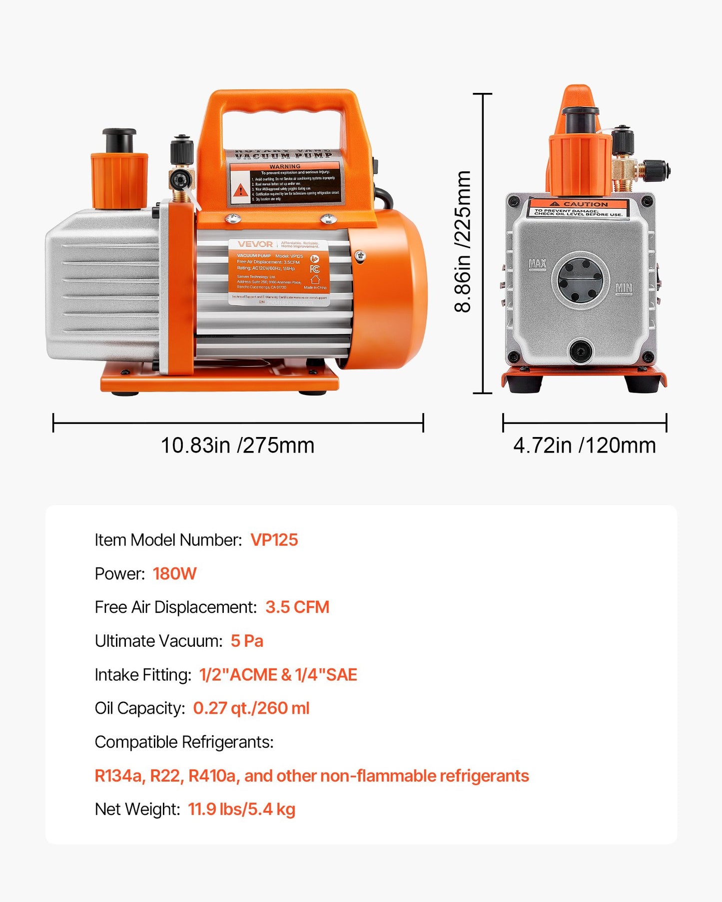 Vacuum Pump, 100 L/min, HVAC Single Stage Rotary Vane AC Vacuum Pump, for R134a R22 R410a Systems, with Oil Bottle, 4 Pole Motor, 5 Pa, for Automotive Air Conditioner Maintenance Resin Degassing