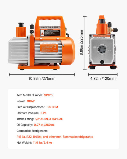 Vacuum Pump, 100 L/min, HVAC Single Stage Rotary Vane AC Vacuum Pump, for R134a R22 R410a Systems, with Oil Bottle, 4 Pole Motor, 5 Pa, for Automotive Air Conditioner Maintenance Resin Degassing