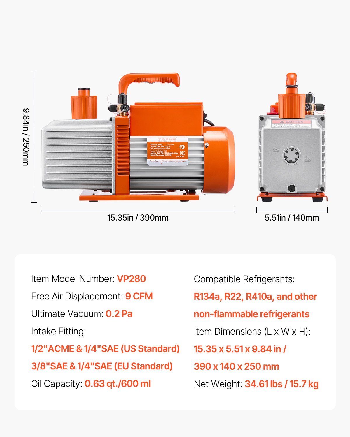 Vacuum Pump, 533 L/min(9 CFM), HVAC 2 Stage Rotary Vane Vacuum Pump, for R134a R22 R410a Systems, Auto AC Vacuum Pump Kit with Oil Bottle, for Automotive Air Conditioner Maintenance Resin Degassing