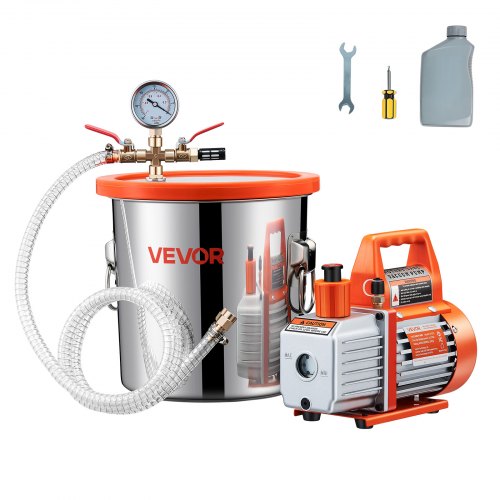 11.36 L Vacuum Chamber with Pump, 110 L/min, Stainless Steel, Degassing Chamber Kit, Single Stage Vacuum Pump, Tempered Glass Lid, 1.5 m Hose, Oil, for Stabilizing Wood Degassing Silicone Resin