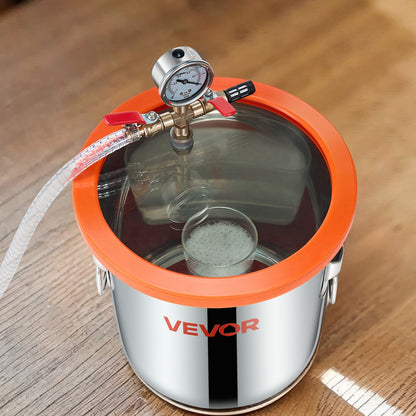 11.36 L Vacuum Chamber with Pump, 110 L/min, Stainless Steel, Degassing Chamber Kit, Single Stage Vacuum Pump, Tempered Glass Lid, 1.5 m Hose, Oil, for Stabilizing Wood Degassing Silicone Resin