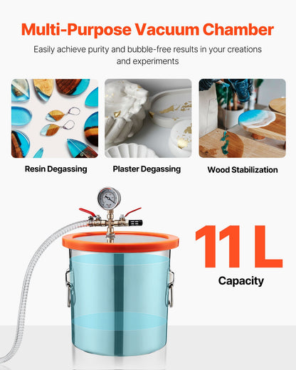 11.36 L Vacuum Chamber with Pump, 110 L/min, Stainless Steel, Degassing Chamber Kit, Single Stage Vacuum Pump, Tempered Glass Lid, 1.5 m Hose, Oil, for Stabilizing Wood Degassing Silicone Resin