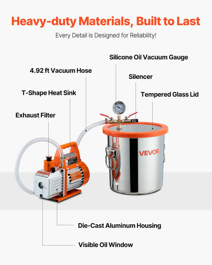 11.36 L Vacuum Chamber with Pump, 110 L/min, Stainless Steel, Degassing Chamber Kit, Single Stage Vacuum Pump, Tempered Glass Lid, 1.5 m Hose, Oil, for Stabilizing Wood Degassing Silicone Resin