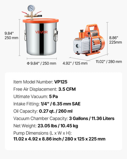 11.36 L Vacuum Chamber with Pump, 110 L/min, Stainless Steel, Degassing Chamber Kit, Single Stage Vacuum Pump, Tempered Glass Lid, 1.5 m Hose, Oil, for Stabilizing Wood Degassing Silicone Resin