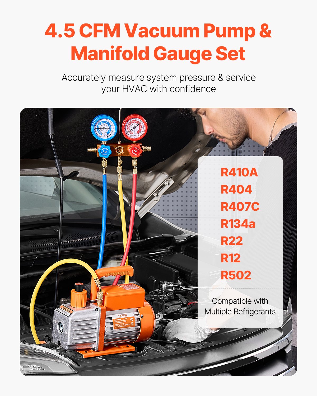 267 L/min(4.5 CFM) AC Vacuum Pump and Gauge Set, Single Stage Rotary Vane HVAC Air Vacuum Pump, A/C Refrigerant Manifold Gauge Kit, with Leak Detector Hoses, for R134a, R12, R22, R502a, R410A, R404, R407C
