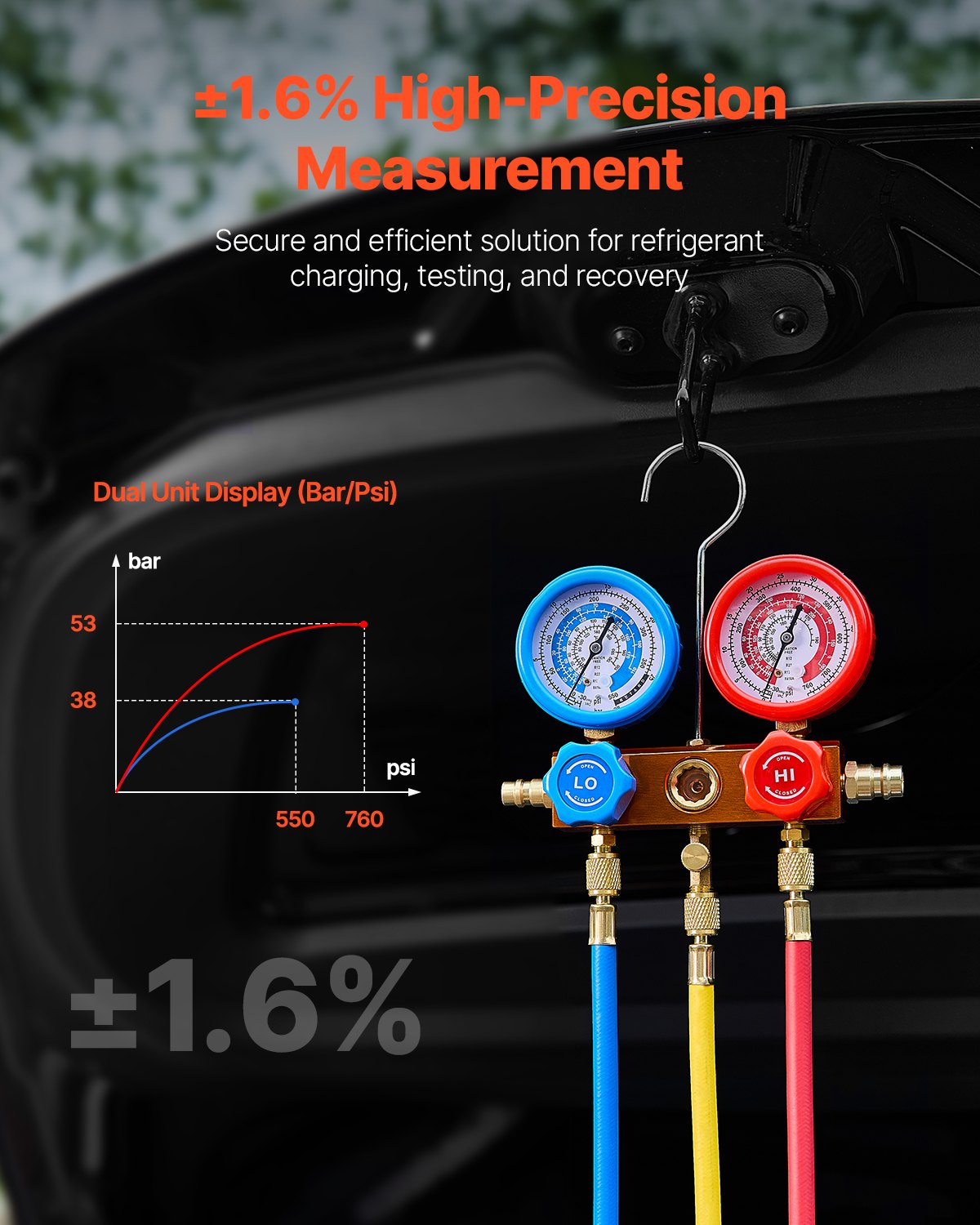 267 L/min(4.5 CFM) AC Vacuum Pump and Gauge Set, Single Stage Rotary Vane HVAC Air Vacuum Pump, A/C Refrigerant Manifold Gauge Kit, with Leak Detector Hoses, for R134a, R12, R22, R502a, R410A, R404, R407C
