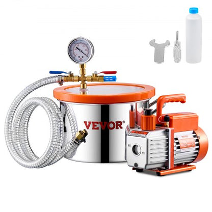 5.7 L(1.5 Gallon) Vacuum Chamber and 100 L/min(3.5 CFM) Pump Kit, Stainless Steel Chamber, Single Stage Vacuum Pump Degassing Chamber Kit, with Acrylic Lid, Oil, 1.5m(4.92 ft) Hose, for Degassing Resin Silicone Epoxies