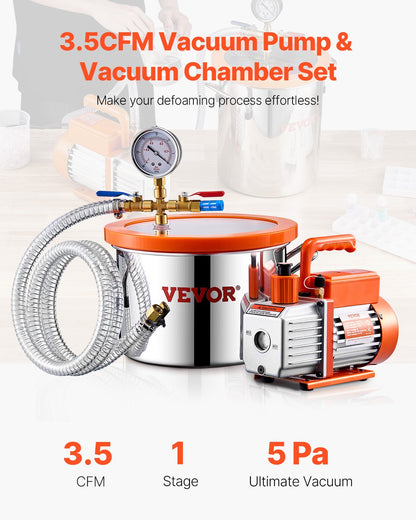 5.7 L(1.5 Gallon) Vacuum Chamber and 100 L/min(3.5 CFM) Pump Kit, Stainless Steel Chamber, Single Stage Vacuum Pump Degassing Chamber Kit, with Acrylic Lid, Oil, 1.5m(4.92 ft) Hose, for Degassing Resin Silicone Epoxies