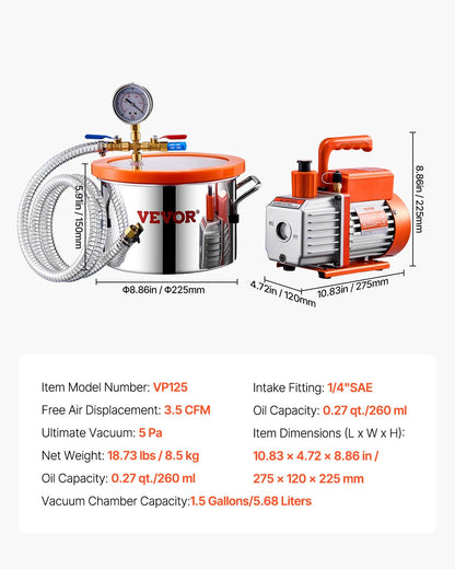 5.7 L(1.5 Gallon) Vacuum Chamber and 100 L/min(3.5 CFM) Pump Kit, Stainless Steel Chamber, Single Stage Vacuum Pump Degassing Chamber Kit, with Acrylic Lid, Oil, 1.5m(4.92 ft) Hose, for Degassing Resin Silicone Epoxies