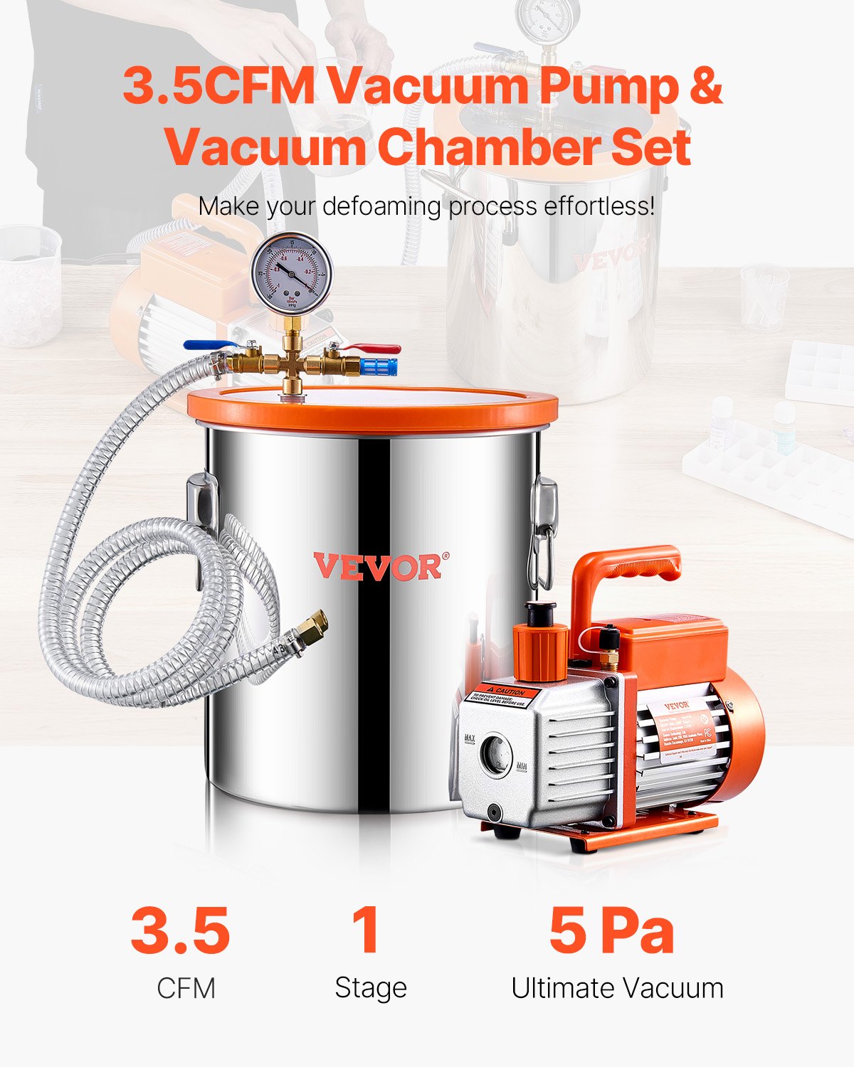 19 L(5 Gallon) Vacuum Chamber and 100 L/min(3.5 CFM) Pump Kit, Stainless Steel Chamber, Single Stage Vacuum Pump Degassing Chamber Kit, with Acrylic Lid, Oil, 1.5m(4.92 ft) Hose, for Degassing Resin Silicone Epoxies