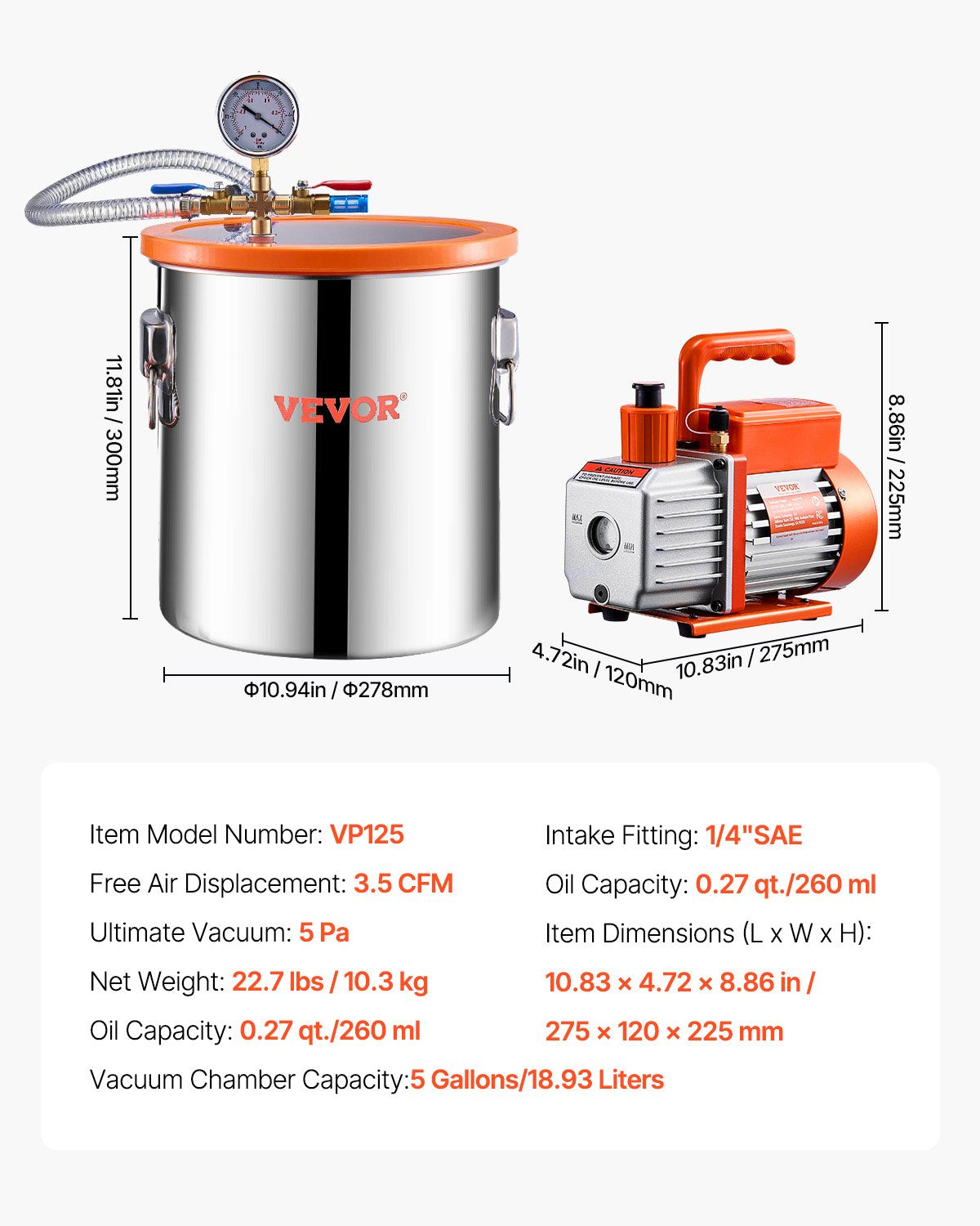 19 L(5 Gallon) Vacuum Chamber and 100 L/min(3.5 CFM) Pump Kit, Stainless Steel Chamber, Single Stage Vacuum Pump Degassing Chamber Kit, with Acrylic Lid, Oil, 1.5m(4.92 ft) Hose, for Degassing Resin Silicone Epoxies