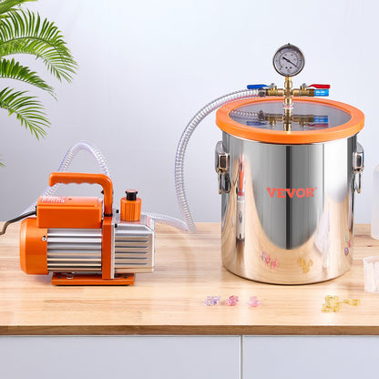 19 L(5 Gallon) Vacuum Chamber and 100 L/min(3.5 CFM) Pump Kit, Stainless Steel Chamber, Single Stage Vacuum Pump Degassing Chamber Kit, with Acrylic Lid, Oil, 1.5m(4.92 ft) Hose, for Degassing Resin Silicone Epoxies