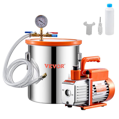 19 L(5 Gallon) Vacuum Chamber and 100 L/min(3.5 CFM) Pump Kit, Stainless Steel Chamber, Single Stage Vacuum Pump Degassing Chamber Kit, with Acrylic Lid, Oil, 1.5m(4.92 ft) Hose, for Degassing Resin Silicone Epoxies