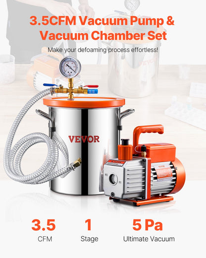 11 L(3 Gallon) Vacuum Chamber and 100 L/min(3.5 CFM) Pump Kit, Stainless Steel Chamber, Single Stage Vacuum Pump Degassing Chamber Kit, with Acrylic Lid, Oil, 1.5m(4.92 ft) Hose, for Degassing Resin Silicone Epoxies