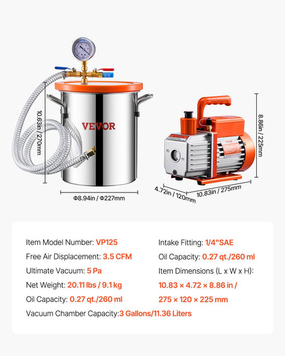 11 L(3 Gallon) Vacuum Chamber and 100 L/min(3.5 CFM) Pump Kit, Stainless Steel Chamber, Single Stage Vacuum Pump Degassing Chamber Kit, with Acrylic Lid, Oil, 1.5m(4.92 ft) Hose, for Degassing Resin Silicone Epoxies