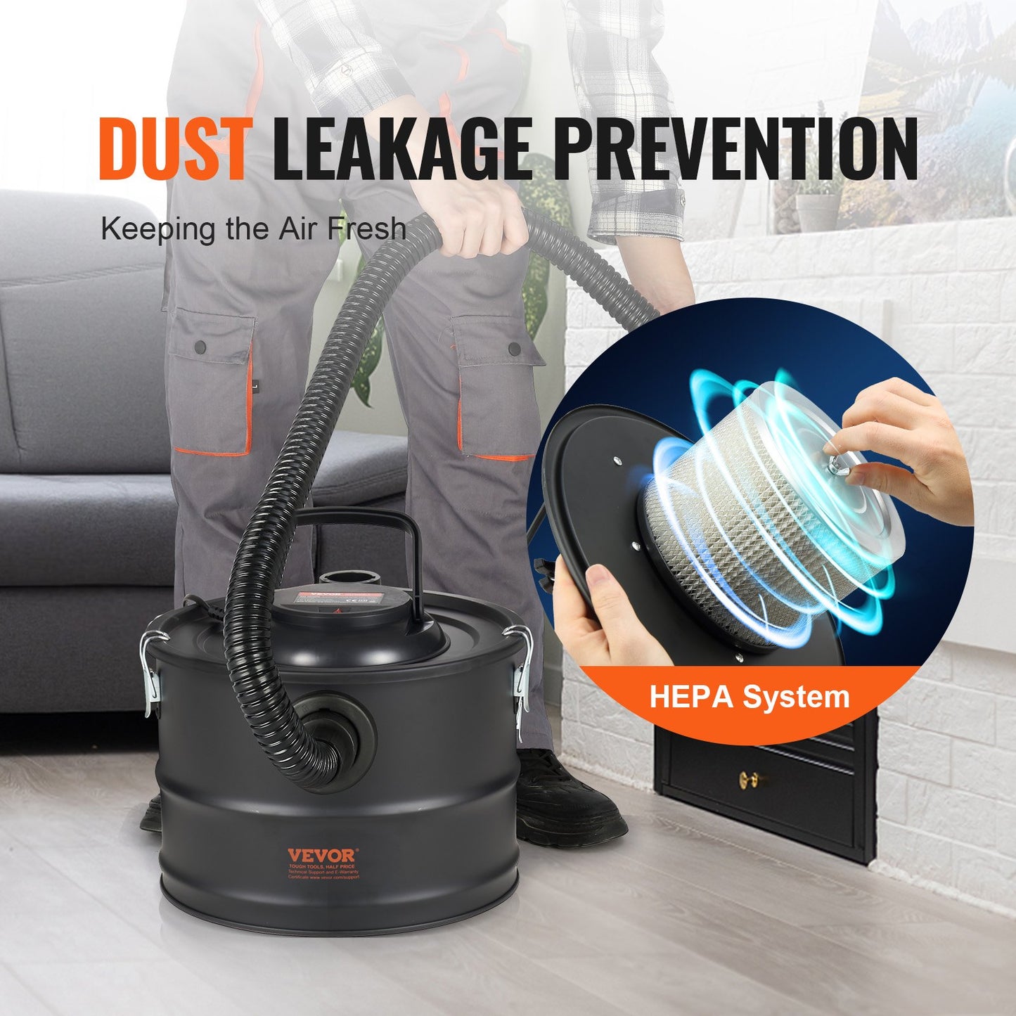 Ash Vacuum Cleaner, 15L with 1200W Powerful Suction, Fireplace Vacuum with Reverse Suction, 3M Power Cable, 16 Kpa Max. Vacuum, for Fireplaces, Pellet Stoves, Wood Stove, Log Burner
