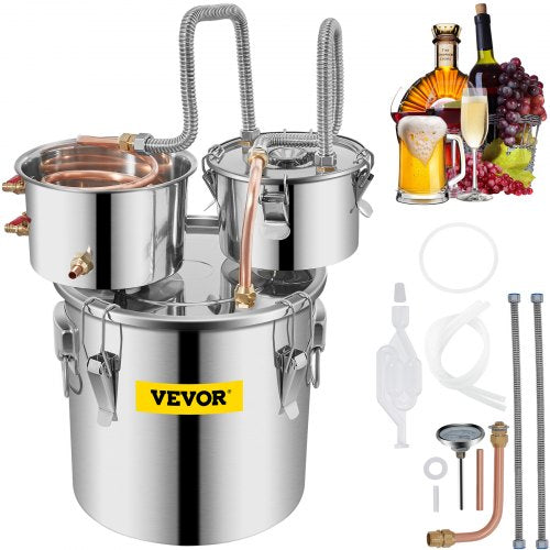 Moonshine-Destillierapparat, 3 Gallonen (12 Liter), Edelstahl-Wasserdestillierapparat mit Kupferrohr, Umwälzpumpe, Heimbrau-Set mit eingebautem Thermometer für die Herstellung von Whisky, Wein, Brandy und Spirituosen
