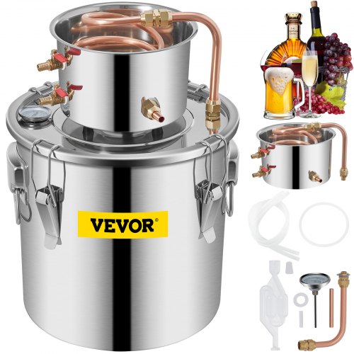 Moonshine-Destillierapparat, 3-Gallonen-Wasserdestillierapparat, 12-Liter-Edelstahl-Wasserdestillierapparat, Kupferrohr-Heimbrauset mit eingebautem Thermometer für selbstgemachten Whisky, Wein, Brandy und Silber