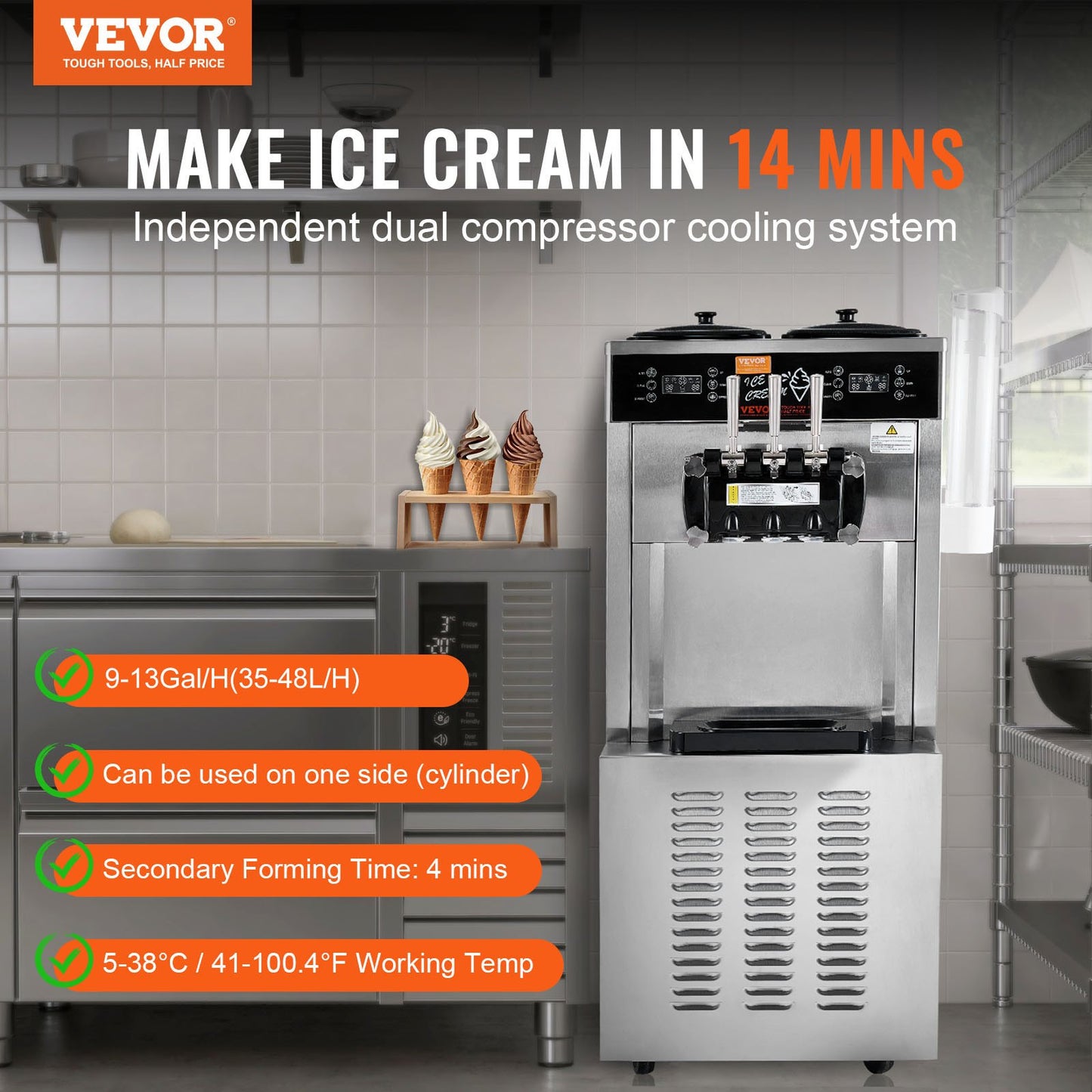 Commercial Ice Cream Machine, 34-44 L/H Yield, 1850W 3-Flavor Freestanding Soft Serve Ice Cream Maker, 2 x 9L Stainless Steel Hopper, LED Panel Allows Single Cylinder Use Overnight Refrigeration