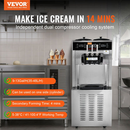 Commercial Ice Cream Machine, 34-44 L/H Yield, 1850W 3-Flavor Freestanding Soft Serve Ice Cream Maker, 2 x 9L Stainless Steel Hopper, LED Panel Allows Single Cylinder Use Overnight Refrigeration