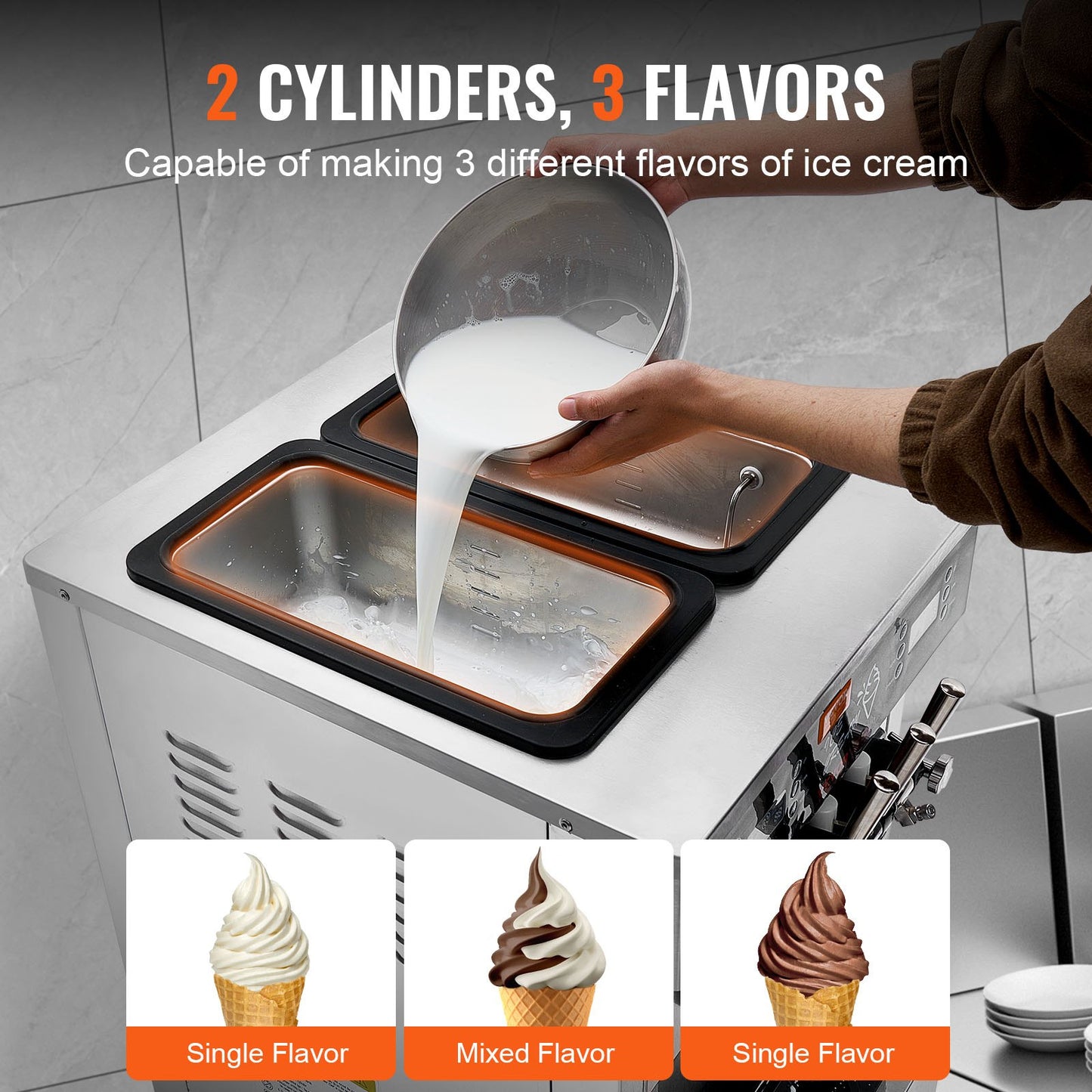 Commercial Ice Cream Machine, 34-44 L/H Yield, 1850W 3-Flavor Freestanding Soft Serve Ice Cream Maker, 2 x 9L Stainless Steel Hopper, LED Panel Allows Single Cylinder Use Overnight Refrigeration