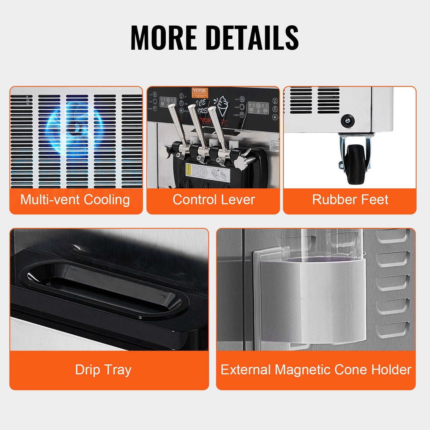 Commercial Ice Cream Machine, 34-44 L/H Yield, 1850W 3-Flavor Freestanding Soft Serve Ice Cream Maker, 2 x 9L Stainless Steel Hopper, LED Panel Allows Single Cylinder Use Overnight Refrigeration