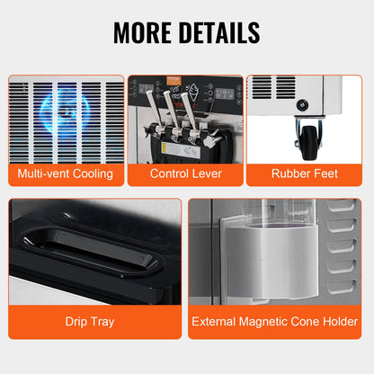 Commercial Ice Cream Machine, 34-44 L/H Yield, 1850W 3-Flavor Freestanding Soft Serve Ice Cream Maker, 2 x 9L Stainless Steel Hopper, LED Panel Allows Single Cylinder Use Overnight Refrigeration