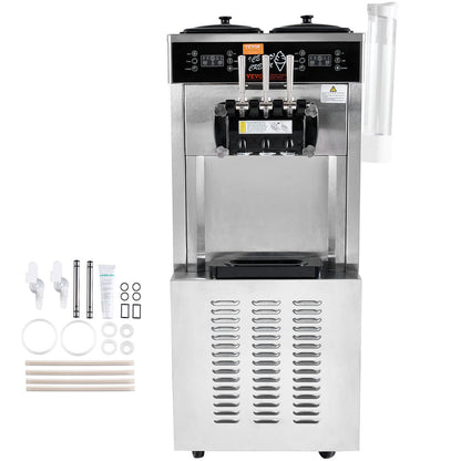 Commercial Ice Cream Machine, 34-44 L/H Yield, 1850W 3-Flavor Freestanding Soft Serve Ice Cream Maker, 2 x 9L Stainless Steel Hopper, LED Panel Allows Single Cylinder Use Overnight Refrigeration