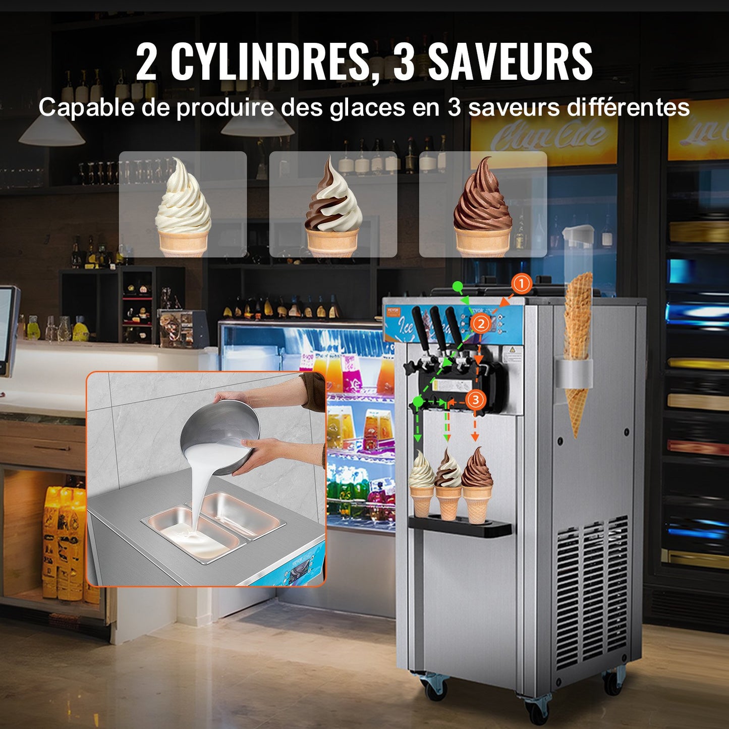 Commercial Ice Cream Machine, 21-31 L/H Yield, 1500W 3-Flavor Freestanding Soft Serve Ice Cream Maker, 2 x 5.5L Stainless Steel Cylinder, LED Panel Auto Clean Pre-cooling, for Restaurant Bars