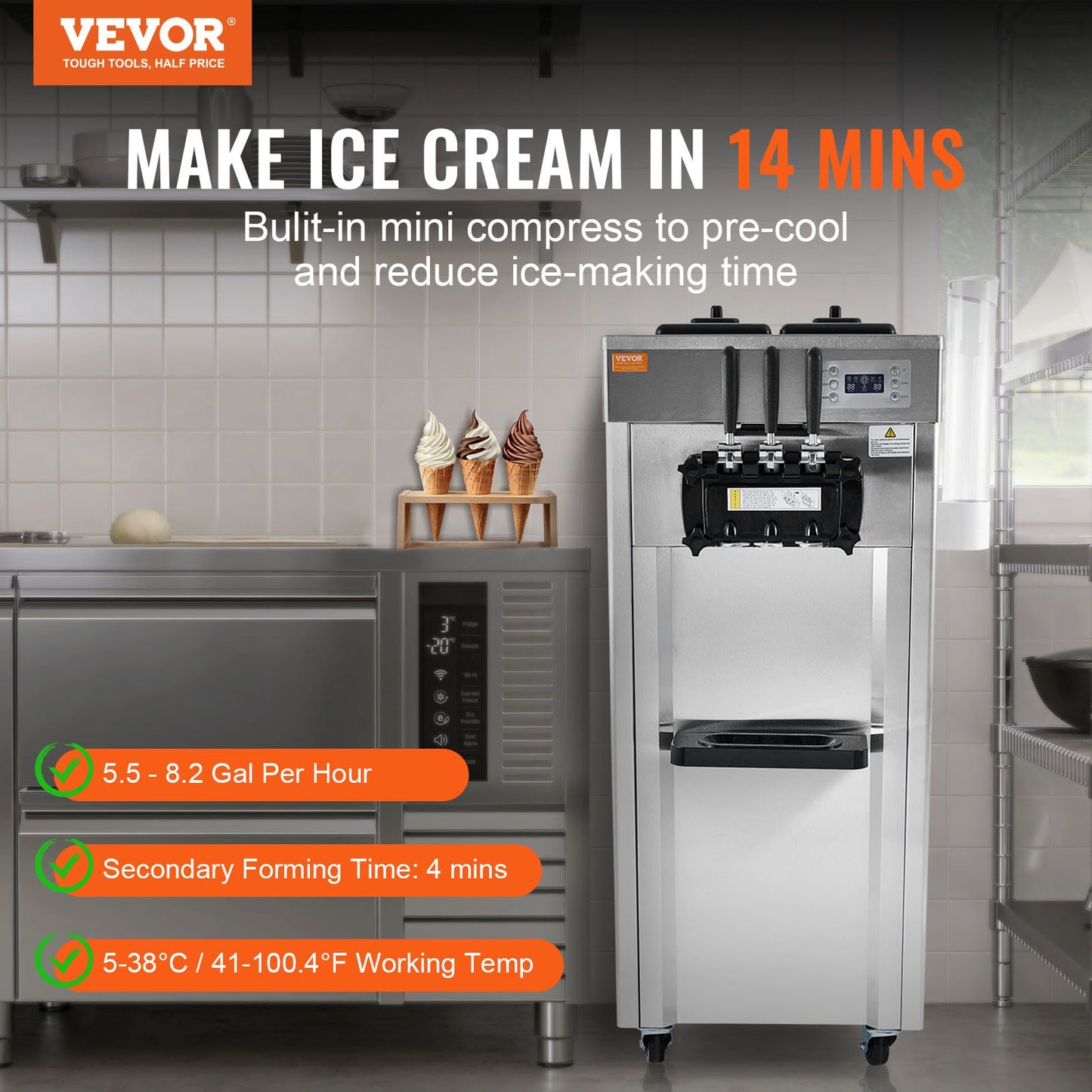 Commercial Ice Cream Machine, 21-31 L/H Yield, 1670W 3-Flavor Freestanding Soft Serve Ice Cream Maker, 2 x 4.3L Stainless Steel Hopper, LED Panel Auto Clean Overnight Refrigeration, for Restaurant Bars