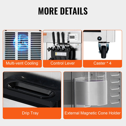 Commercial Ice Cream Machine, 21-31 L/H Yield, 1670W 3-Flavor Freestanding Soft Serve Ice Cream Maker, 2 x 4.3L Stainless Steel Hopper, LED Panel Auto Clean Overnight Refrigeration, for Restaurant Bars