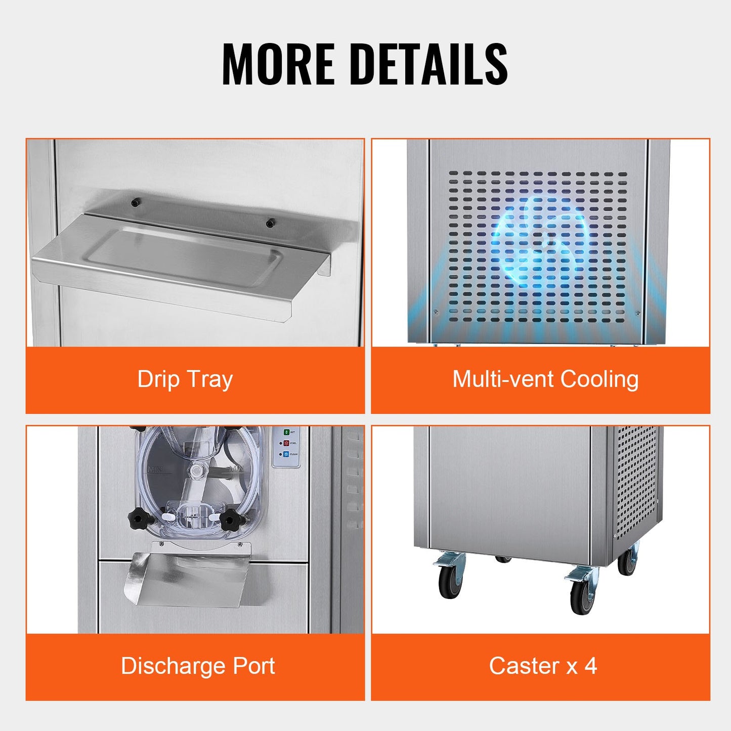 Commercial Ice Cream Machine, 18 L/H Yield, 1600W Single Flavor Hard Serve Ice Cream Maker with Wheels, 6L Stainless Steel Cylinder, LED Panel Auto Clean Pre-cooling, for Restaurant Snack Bars