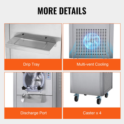 Commercial Ice Cream Machine, 18 L/H Yield, 1600W Single Flavor Hard Serve Ice Cream Maker with Wheels, 6L Stainless Steel Cylinder, LED Panel Auto Clean Pre-cooling, for Restaurant Snack Bars